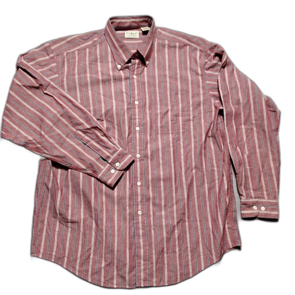 LL Bean Large Regular Red Gray Ticking Stripe 100% Cotton Oxford Shirt